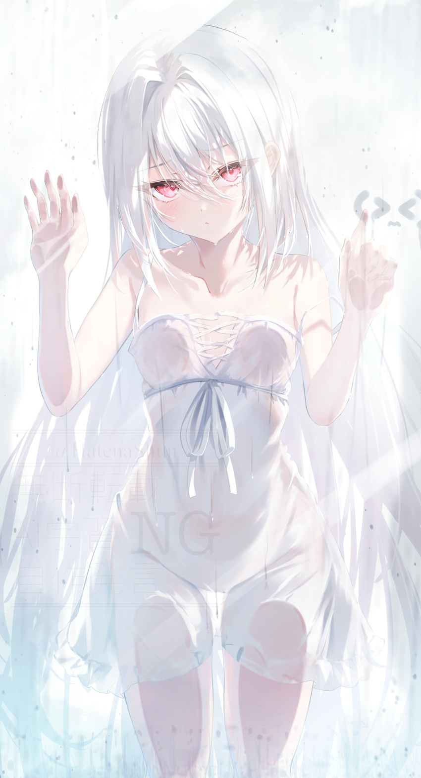 1girl absurdres blush breasts cleavage closed_mouth collarbone commentary_request condensation dress from_inside hair_between_eyes hair_intakes hatenashun422 highres long_hair looking_at_viewer off_shoulder original red_eyes see-through_clothes see-through_dress sleeveless sleeveless_dress small_breasts solo strap_slip very_long_hair wet wet_clothes white_dress white_hair window window_fog