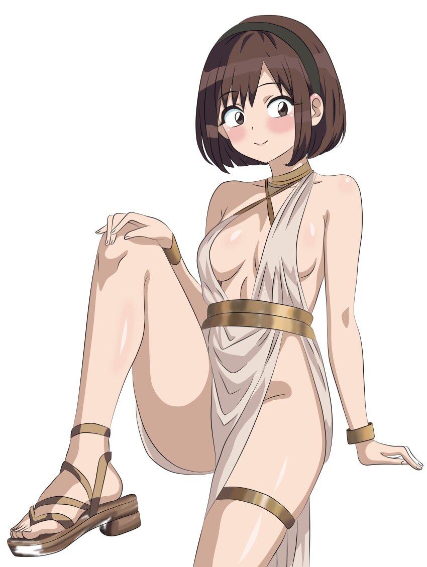 1girl absurdres ancient_greek_clothes black_hairband bracelet breasts brown_eyes brown_hair brown_sandals closed_mouth foot_out_of_frame greco-roman_clothes groin hairband hand_on_own_knee highres hmangadd invisible_chair jewelry knee_up komi-san_wa_komyushou_desu looking_at_viewer peplos roman_clothes sandals sasaki_ayami short_hair simple_background sitting smile solo white_background