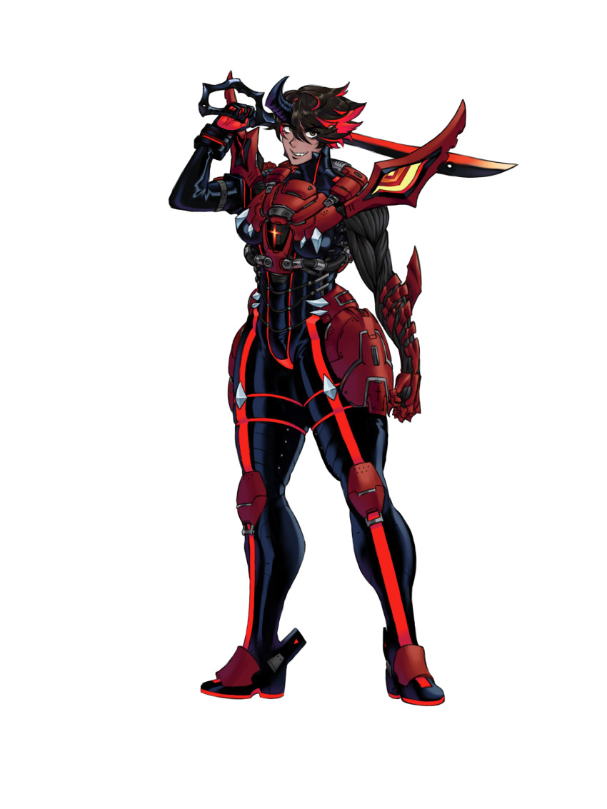 1girl absurdres adapted_costume alternate_costume armor asymmetrical_arms biomechanical black_armor black_bodysuit black_horns bodysuit breastplate brown_hair claws commission commissioner_upload corruption crossover dark-skinned_female dark_skin day_of_wrath_(infinitypilot) demon demon_girl demon_horns doom_(2016) doom_(series) doom_eternal elite_guard_(doom) fanfic fantasy full_armor fusion glowing glowing_armor glowing_hair highres holding holding_sword holding_weapon horns kamui_(kill_la_kill) kill_la_kill life_fiber living_armor living_clothes matoi_ryuuko monster_girl multicolored_hair mutant mutation occult original pauldrons red_armor red_hair ruby_taylor_(day_of_wrath) sbigbro science_fiction scissor_blade_(kill_la_kill) senketsu short_hair shoulder_armor sigil smile soldier solo spiked_pauldrons standing sword teeth vorpal_sword_(day_of_wrath) warrior weapon white_background