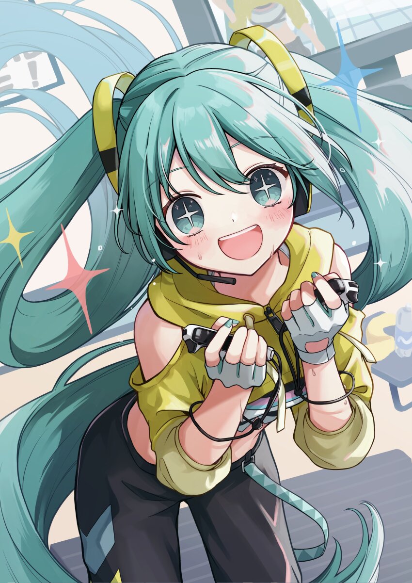 +_+ 1girl :d absurdres aqua_eyes aqua_hair aqua_nails bent_over black_pants blush clothing_cutout commentary computer_keyboard cropped_jacket feet_out_of_frame fingerless_gloves fitness_boxing floating_hair gloves hair_ornament handheld_game_console hatsune_miku headphones headset highres hood hooded_jacket indoors jacket lanyard long_hair looking_at_viewer midriff monitor nagitofuu nail_polish nintendo_switch official_alternate_costume open_mouth pants shoulder_cutout smile solo sparkle sparkling_aura standing sweat teeth track_pants twintails upper_teeth_only very_long_hair vocaloid white_gloves yellow_jacket