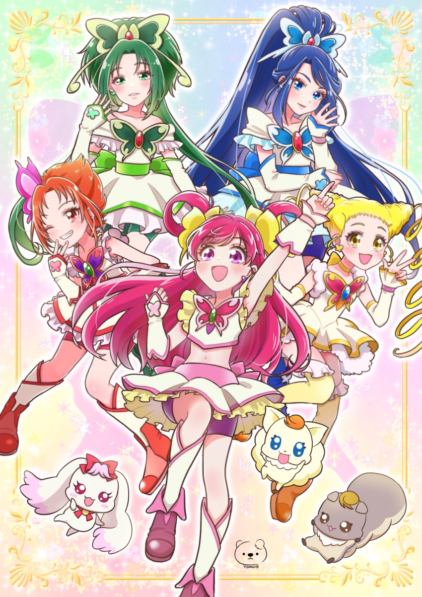 2boys 6+girls absurdres akimoto_komachi arm_warmers artist_logo artist_name bike_shorts bike_shorts_under_shorts blonde_hair blue_eyes blue_footwear blue_hair blue_shorts blush boots bow butterfly_brooch butterfly_earrings butterfly_hair_ornament choker coco_(yes!_precure_5) cone_hair_bun creature crop_top cure_aqua cure_dream cure_lemonade cure_mint cure_rouge dress drill_hair earrings fairy fur-trimmed_dress fur_trim green_eyes green_footwear green_hair green_shorts hair_bow hair_bun hair_ornament hair_rings high_heels highres jewelry kasugano_urara_(yes!_precure_5) kneehighs logo long_hair magical_girl midriff milk_(yes!_precure_5) minazuki_karen moro_precure multiple_boys multiple_girls natsuki_rin navel nuts_(yes!_precure_5) off-shoulder_dress off_shoulder one_eye_closed open_mouth orange_boots petticoat pink_boots pink_eyes pink_hair pink_shorts ponytail precure red_eyes red_footwear red_hair red_shorts shirt short_hair short_sleeves shorts skirt sleeveless sleeveless_dress smile socks thighhighs twin_drills twintails yellow_bow yellow_choker yellow_dress yellow_eyes yellow_shirt yellow_skirt yellow_socks yellow_thighhighs yes!_precure_5 yumehara_nozomi