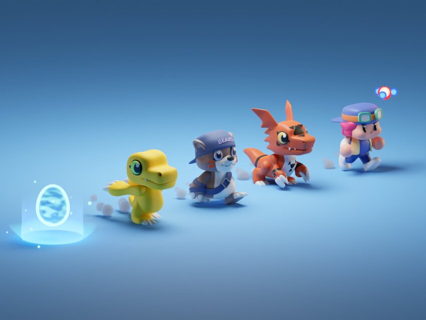 3d agumon atsushi_(digimon_world_3) bearmon digimon digimon_world_3 digitama egg guilmon hat highres running sharp_teeth tail teeth wings