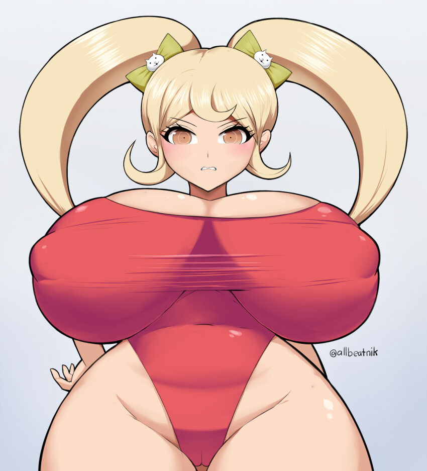 allbeatnik breasts commission danganronpa_(series) danganronpa_2:_goodbye_despair glaring hair_ribbon highres large_breasts long_hair looking_at_viewer looking_down one-piece_swimsuit ribbon saionji_hiyoko swimsuit