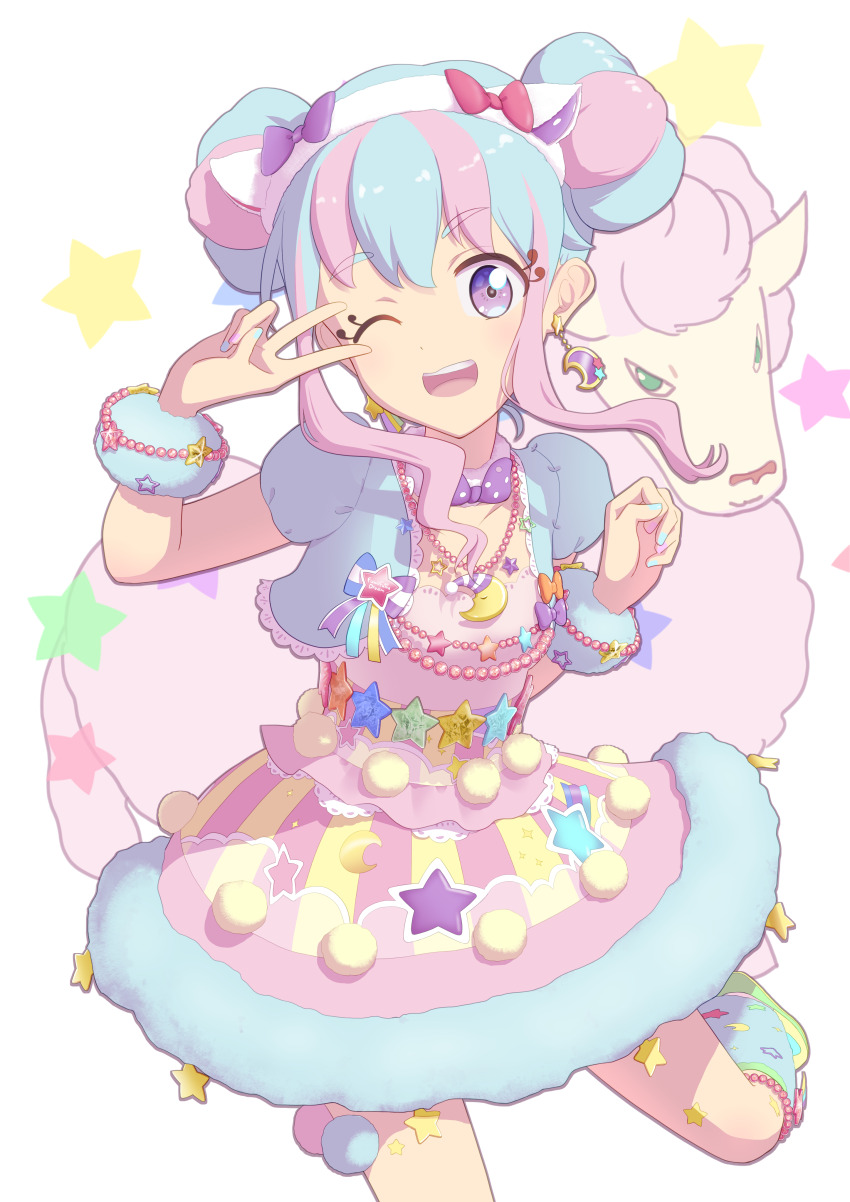 1girl :d absurdres aikatsu!_(series) aikatsu_stars! blue_hair blue_jacket blue_wrist_cuffs caroline_(aikatsu!) cropped_jacket double_bun dress earrings hair_bun hanazono_kirara hands_up highres irigoma_(jikabi_baisen) jacket jewelry long_hair looking_at_viewer one_eye_closed open_clothes open_jacket open_mouth pet pink_dress pink_hair purple_eyes sheep short_sleeves smile star_(symbol) teeth upper_teeth_only v v_over_eye wavy_sidelocks white_background wrist_cuffs