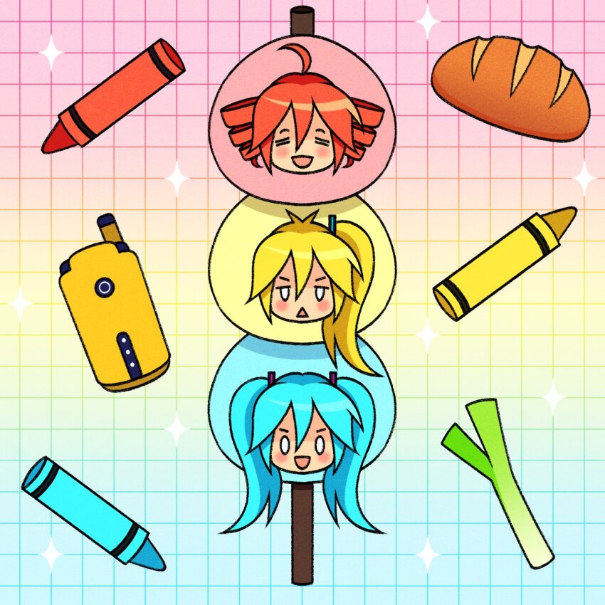 3girls ahoge akita_neru blank_eyes blonde_hair blue_hair blush bread cellphone closed_eyes crayon cryptidhermit dango drill_hair flip_phone food gradient_background hair_between_eyes hatsune_miku highres jitome kasane_teto multiple_girls no_nose open_mouth phone sanshoku_dango side_ponytail sparkle spring_onion triangle_mouth triple_baka_(vocaloid) twin_drills twintails utau vocaloid wagashi