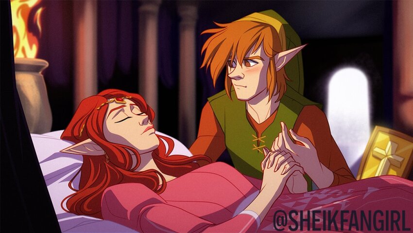 1boy 1girl blue_eyes blush breasts brown_hair dress elf fire hat holding_hands link looking_at_another nintendo pink_dress pointy_ears princess_zelda red_hair shield spell the_legend_of_zelda tiara tunic zelda_ii:_the_adventure_of_link
