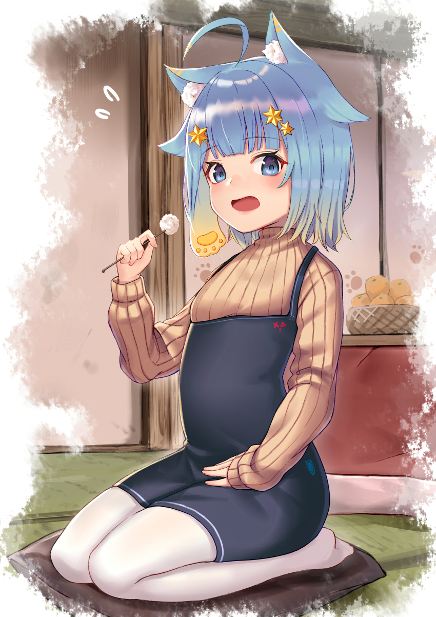 1girl absurdres ahoge animal_ear_fluff animal_ears arl basket black_dress blue_eyes blue_hair blunt_bangs blush cat_ears cat_girl child commentary_request cushion dress female_focus flying_sweatdrops food fruit full_body hair_flaps hair_ornament hairclip hand_on_lap highres indoors kotatsu long_sleeves mandarin_orange mimikaki open_mouth orange_sweater original pantyhose seiza short_hair sitting sleeves_past_wrists solo star_(symbol) star_hair_ornament sweater table tatami underbust white_pantyhose zabuton