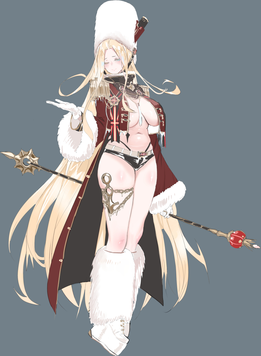 1girl absurdres black_shorts blonde_hair blue_eyes blush boots breasts cleavage closed_mouth coat commentary dishwasher1910 epaulettes full_body fur_boots fur_hat gloves grey_background hat highleg highleg_panties highres holding holding_scepter jewelry large_breasts long_hair micro_shorts navel necklace no_bra one_eye_closed open_clothes open_coat original panties papakha platform_boots red_coat scepter shorts smile solo thighlet underwear very_long_hair white_gloves white_hat
