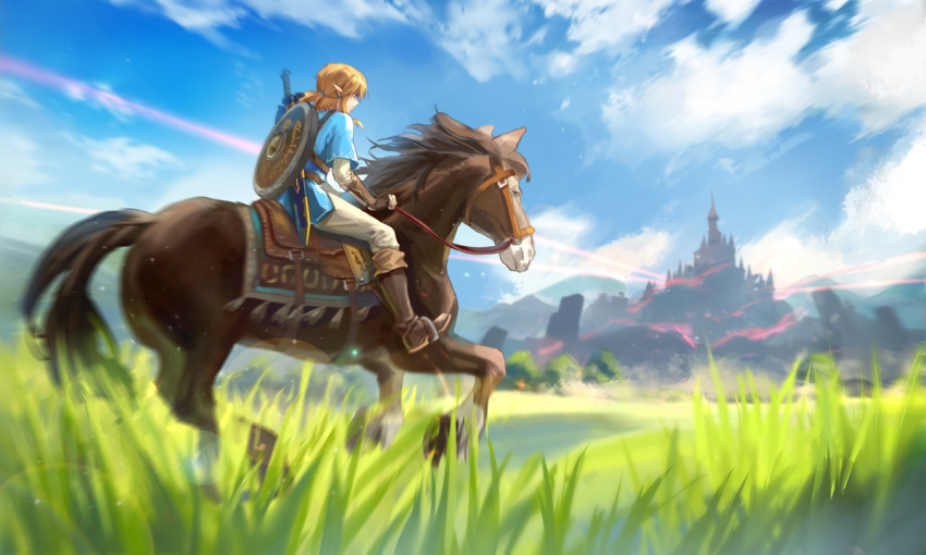 achyue animal beam blonde_hair blue_shirt blue_sky boots bridle brown_boots brown_gloves castle cloud day earrings elbow_gloves field fingerless_gloves gloves grass horseback_riding jewelry knee_boots layered_sleeves lens_flare link long_hair lowleg lowleg_panties male_focus master_sword motion_blur nintendo outdoors panties pants pointy_ears riding scenery sheath sheathed shirt short_sleeves sidelocks sitting sky solo straddling tan the_legend_of_zelda the_legend_of_zelda:_breath_of_the_wild tunic underwear white_pants