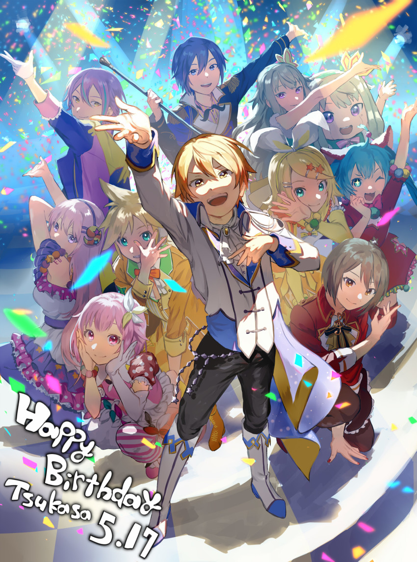:d arm_up blonde_hair blue_hair boots confetti happy_birthday hatsune_miku highres kagamine_len kagamine_rin kaito_(vocaloid) kamishiro_rui kusanagi_nene long_sleeves megurine_luka meiko_(vocaloid) nenerobo omicos ootori_emu open_mouth orange_boots pink_hair project_sekai purple_hair smile squatting standing tenma_tsukasa vocaloid wonderlands_x_showtime_(project_sekai) wonderlands_x_showtime_kaito wonderlands_x_showtime_len wonderlands_x_showtime_luka wonderlands_x_showtime_meiko wonderlands_x_showtime_miku wonderlands_x_showtime_rin