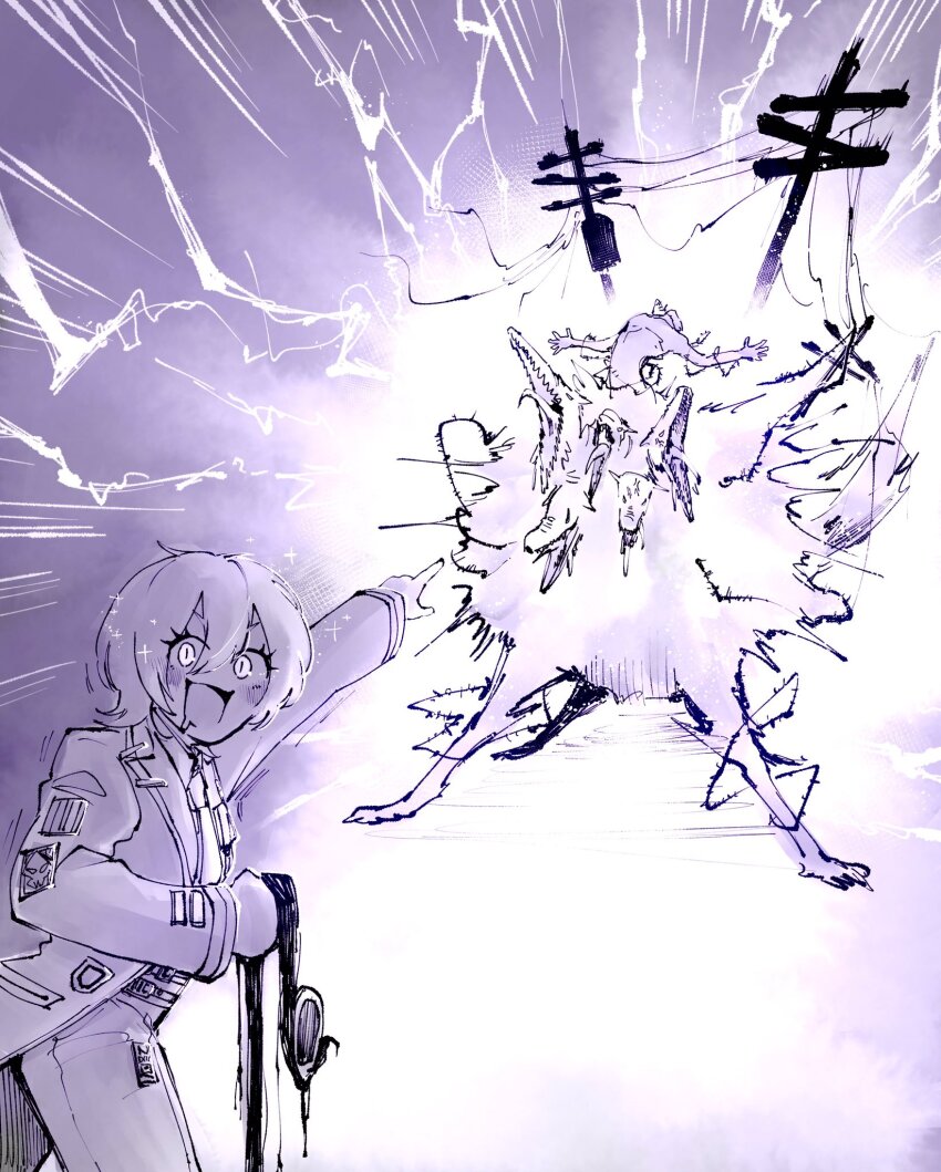 1girl :3 alleyway_watchdog_(project_moon) coat collared_shirt don_quixote_(project_moon) e.g.o_(project_moon) electricity highres lapels limbus_company monochrome necktie notched_lapels open_mouth pants peccatulum_irae project_moon purple_theme shirt short_hair smile solo telepole_(e.g.o) yatsumeunagi