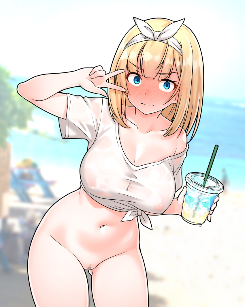 1girl absurdres beach blonde_hair blue_eyes blush bottomless bow bow_hairband censored commentary_request covered_erect_nipples cup disposable_cup drinking_straw embarrassed full-face_blush furaggu_(frag_0416) hairband highres holding holding_cup kantai_collection looking_at_viewer medium_hair mosaic_censoring naked_shirt navel ocean outdoors pussy rodney_(kancolle) see-through_clothes see-through_shirt shirt solo stomach thighs tied_shirt variant_set w white_bow white_hairband white_shirt