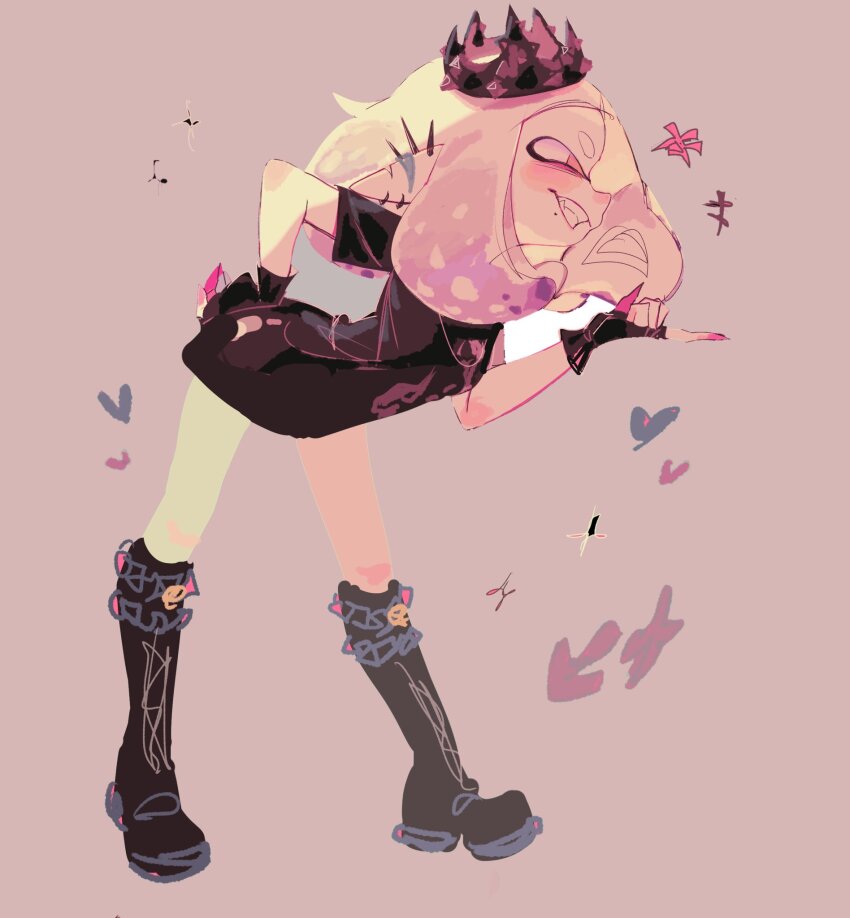 1girl crown fingerless_gloves from_side full_body gloves gradient_hair highres inkling long_hair looking_at_viewer mole mole_under_mouth multicolored_hair nintendo pearl_(splatoon) pearl_(springfest)_(splatoon) pink_hair shirt smile solo splatoon_(series) splatoon_2 suction_cups tentacle_hair usa37107692 yellow_eyes