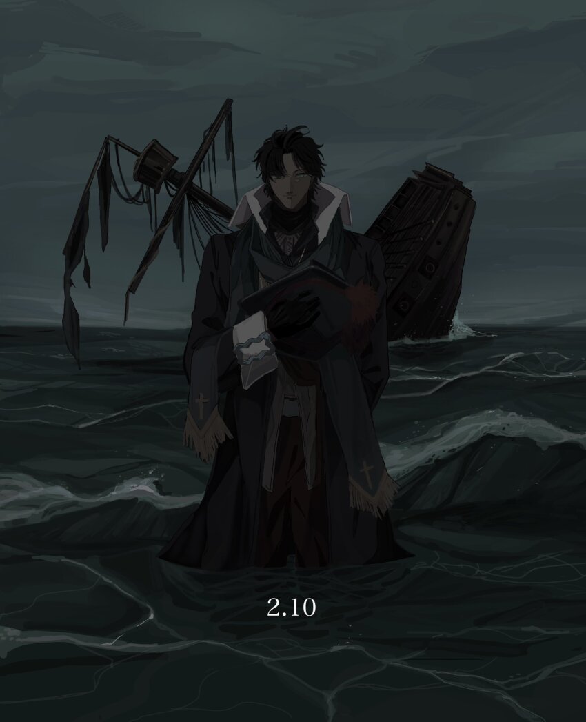 1boy bartholomew_roberts_(fate) black_gloves black_hair blue_eyes collared_shirt dark-skinned_male dark_skin fate/grand_order fate_(series) genjitsu_(pb_dbi) gloves grey_sky hat high_collar highres historical_event holding holding_unworn_clothes holding_unworn_hat jewelry long_sleeves looking_at_viewer necklace ocean pants shirt sinking sky solo stole stormy_waters turtleneck unworn_hat unworn_headwear wading waves