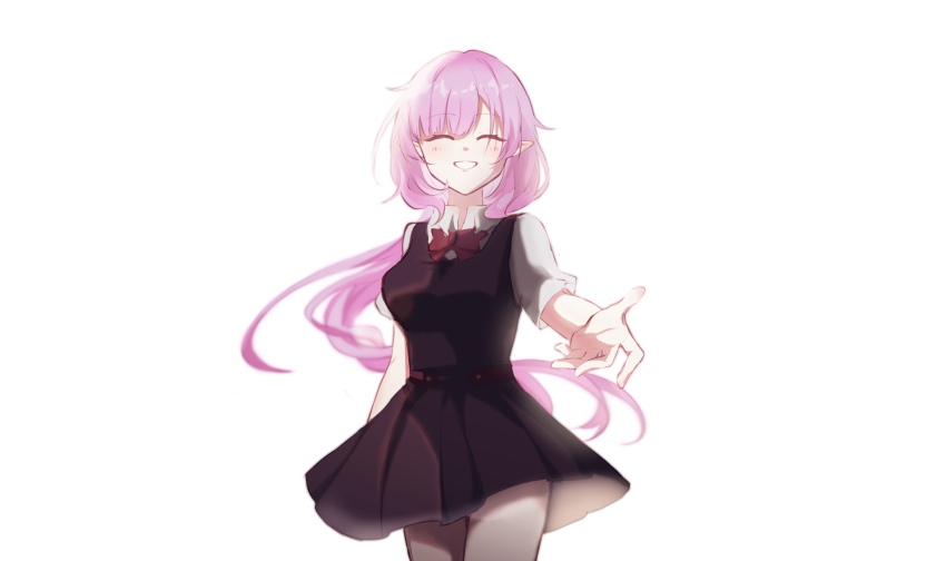 1girl absurdres alternate_costume black_cardigan black_pantyhose black_skirt bow bowtie breasts cardigan closed_eyes cowboy_shot dress elf elysia_(honkai_impact) faber_fubei highres honkai_(series) honkai_impact_3rd long_hair medium_breasts pantyhose parted_lips pink_hair pleated_skirt pointy_ears reaching reaching_towards_viewer red_bow red_bowtie shirt simple_background skirt smile solo white_background white_shirt