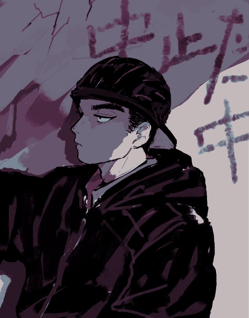 1boy aikawa_(dorohedoro) backwards_hat baseball_cap black_hair closed_mouth commentary_request dorohedoro ffoxx frown hat highres hood hood_down hoodie long_sleeves looking_ahead male_focus short_hair sideburns solo upper_body zipper