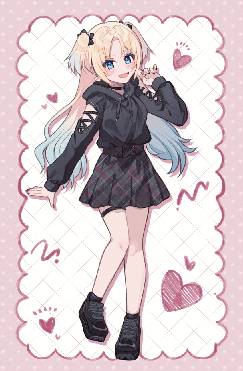 1girl :d alternate_costume arm_cutout black_bow black_hoodie black_nails black_shoes black_skirt blonde_hair blue_eyes blue_hair blush border bow commentary_request fang full_body gradient_hair grid_background hair_bow hand_up heart highres hood hoodie hoodie_tucked_in inset_border light_blue_hair link!_like!_love_live! long_hair looking_at_viewer love_live! miniskirt multicolored_hair open_mouth osawa_rurino outside_border parted_bangs pink_border plaid_clothes plaid_skirt pleated_skirt polka_dot polka_dot_border shimada_(smd_dms) shoes sidelocks skirt smile sneakers solo standing thigh_strap twintails virtual_youtuber white_background