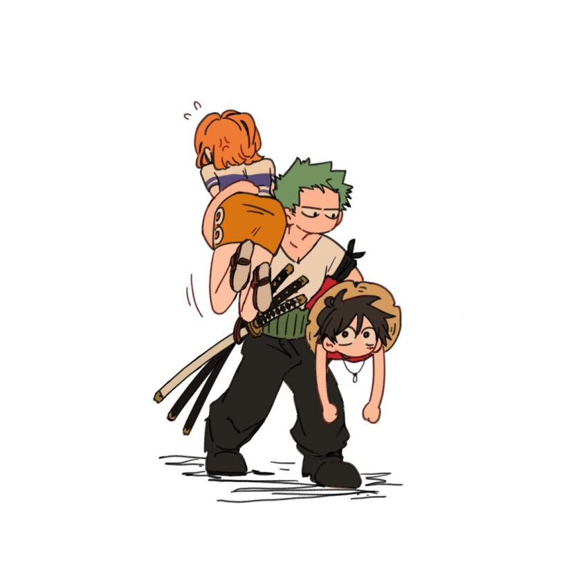 1girl 2boys angry bandana bandana_around_arm black_bandana carrying carrying_multiple_people carrying_over_shoulder carrying_person carrying_under_arm facial_scar feet_out_of_frame flying_sweatdrops green_hair haramaki hat monkey_d._luffy multiple_boys nami_(one_piece) nami_(one_piece)_(east_blue) one_piece orange_hair roronoa_zoro scar scar_on_cheek scar_on_face shirt short_hair sideburns simple_background simplebeam skirt straw_hat striped_clothes striped_shirt sword triple_wielding two-tone_shirt weapon white_background yellow_skirt