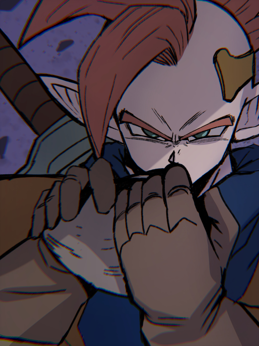 1boy blue_scarf brown_gloves chiro_illust chromatic_aberration colored_skin commentary_request covering_own_mouth dragon_ball dragonball_z gloves gold_headband green_eyes highres holding holding_instrument instrument looking_at_viewer male_focus mohawk music ocarina pink_hair pink_skin playing_instrument pointy_ears purple_background scarf solo sword sword_on_back tapion upper_body weapon weapon_on_back