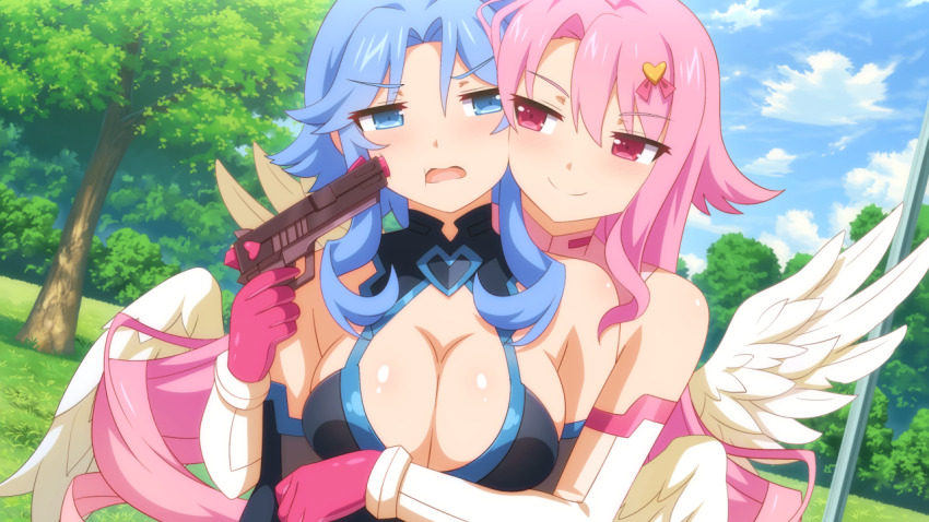 aiming angry black_bodysuit blue_eyes blue_hair bodysuit curtained_hair feathered_wings game_cg gloves gun handgun hug hug_from_behind lilim_(sakura_cupid) official_art park pink_eyes pink_gloves pink_hair sakura_cupid serra_(sakura_cupid) smile wanaca weapon white_bodysuit wings yuri