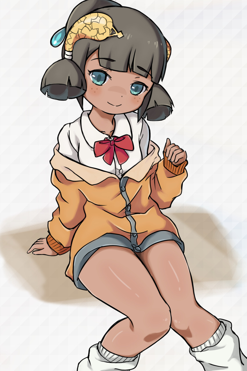 1girl arm_support black_hair blue_eyes blunt_bangs bow brown_sweater closed_mouth commentary fi_nonoa_(world_flipper) freckles grey_background hair_ornament highres leg_warmers long_sleeves looking_at_viewer mwm5 red_bow sitting sleeves_past_wrists solo sweater tan world_flipper