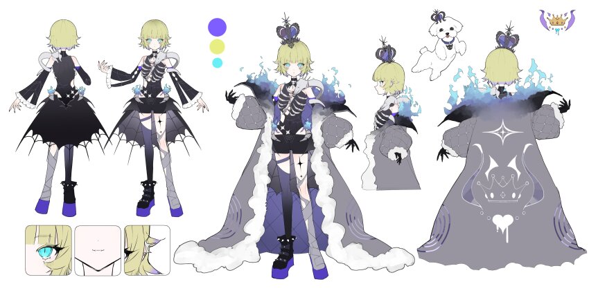 absurdres aqua_eyes bandage_on_leg bandages bare_shoulders black_choker black_crown black_leotard black_skirt black_sleeves blonde_hair blue_collar blue_fire bone_ornament character_request choker cloak collar color_guide colored_tips concentric_circles concept_art copyright_request crown detached_sleeves dog ear_ornament ear_piercing expressionless fang fangs fire from_behind from_side fur-trimmed_cloak fur_trim grey_cloak heart heart-shaped_ornament highres leotard looking_at_viewer medium_hair multicolored_clothes multicolored_hair open_cloak open_clothes piercing purple_cloak purple_hair ribs simple_background single_thighhigh skirt skull_ornament slit_pupils smile standing star_(symbol) thighhighs tks_10ru two-sided_fabric utaite white_background white_dog