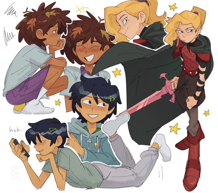 3girls amphibia anne_boonchuy armor armored_boots asymmetrical_bangs black_hair blonde_hair boots breastplate brown_hair byubiyubi cape closed_eyes dark-skinned_female dark_skin full_body grin hair_ornament hair_scrunchie hairclip half-closed_eyes heron_sword holding holding_sword holding_weapon hood hoodie leaf leaf_on_head lying marcy_wu mole mole_under_eye multiple_girls multiple_views on_stomach parted_lips pleated_skirt ponytail purple_skirt sasha_waybright school_uniform scrunchie serious shirt short_hair signature sjms_school_uniform skirt smile socks spiked_belt standing star_(symbol) sword t-shirt toad_armor_(amphibia) weapon white_background