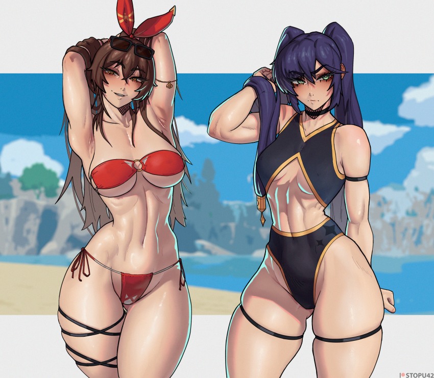 2girls absurdres amber_(genshin_impact) arm_strap arm_up armpits arms_behind_head bare_shoulders bikini black_choker blush breasts brown_eyes brown_hair choker closed_mouth crop_top eyewear_on_head genshin_impact gluteal_fold green_eyes grin hair_between_eyes highleg highres letterboxed long_hair looking_at_viewer mona_(genshin_impact) multiple_girls navel paid_reward_available purple_hair red_bikini shirt skindentation sleeveless sleeveless_shirt small_breasts smile sparkle_print stopu sunglasses swimsuit teeth thick_thighs thigh_strap thighs toned twintails very_long_hair yellow_trim