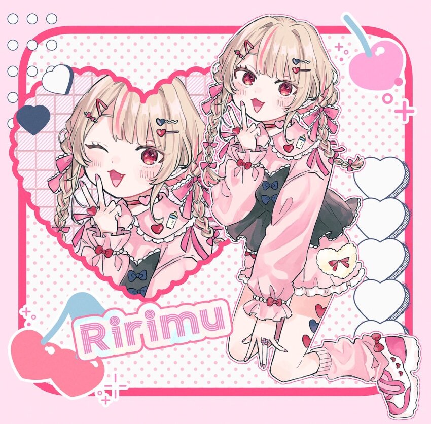 1girl 84mri :d alternate_costume alternate_hairstyle black_skirt border braid brown_hair choker collared_dress colored_inner_hair dress fang full_body hair_ornament hair_ribbon hairclip heart heart_frame heart_ring highres jewelry long_sleeves loose_socks makaino_ririmu multicolored_hair nail_polish nijisanji one_eye_closed open_mouth outline pink_dress pink_eyes pink_hair pink_skirt pink_socks polka_dot polka_dot_background ribbon ring shoes skirt smile sneakers socks sticker_on_leg streaked_hair twin_braids two-tone_hair virtual_youtuber
