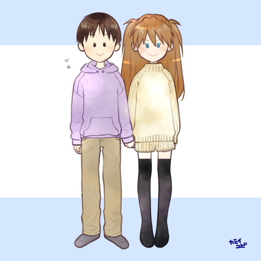 1boy 1girl :&gt; black_hair breasts brown_hair casual couple full_body grabbing_another&#039;s_hand hair_ornament happy hetero highres ikari_shinji interface_headset_(evangelion) long_hair neon_genesis_evangelion short_hair simple_background souryuu_asuka_langley standing sweater translation_request two_side_up yubi_kamii