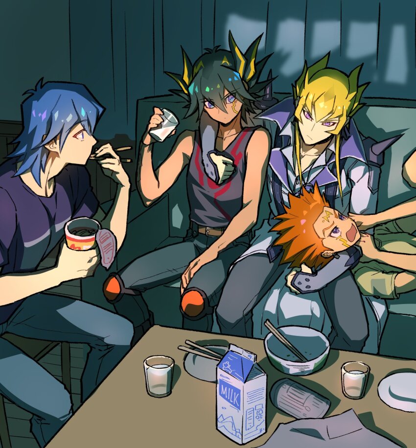 4boys black_hair black_shirt blonde_hair blue_eyes blue_hair bruno_(yu-gi-oh!) coat crow_hogan cup_ramen facial_tattoo fudo_yusei group_picture highres indoors jack_atlas male_focus medium_hair multicolored_hair multiple_boys orange_hair purple_eyes shirt short_hair spiked_hair tattoo two-tone_hair white_coat youko-shima yu-gi-oh! yu-gi-oh!_5d&#039;s yu-gi-oh!_arc-v