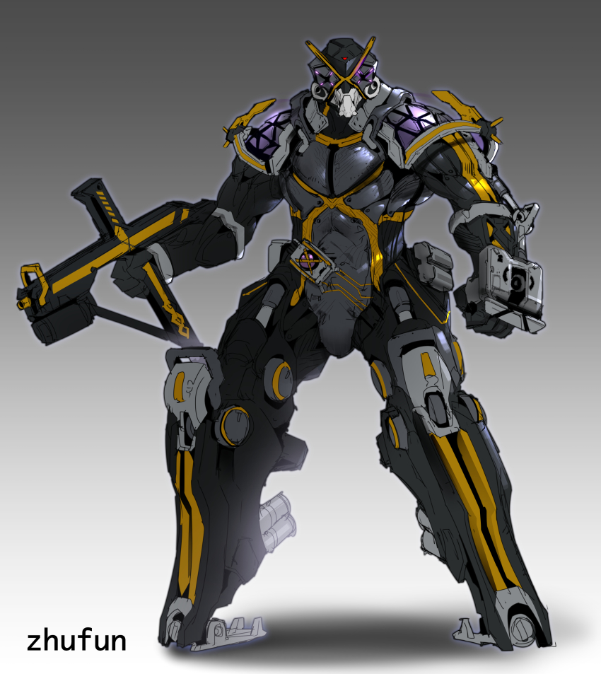 absurdres artist_name clenched_hand gradient_background gun highres holding holding_gun holding_weapon humanoid_robot kamen_rider kamen_rider_555 kamen_rider_kaixa looking_at_viewer mecha mechanization no_humans robot solo standing weapon zhu_fun