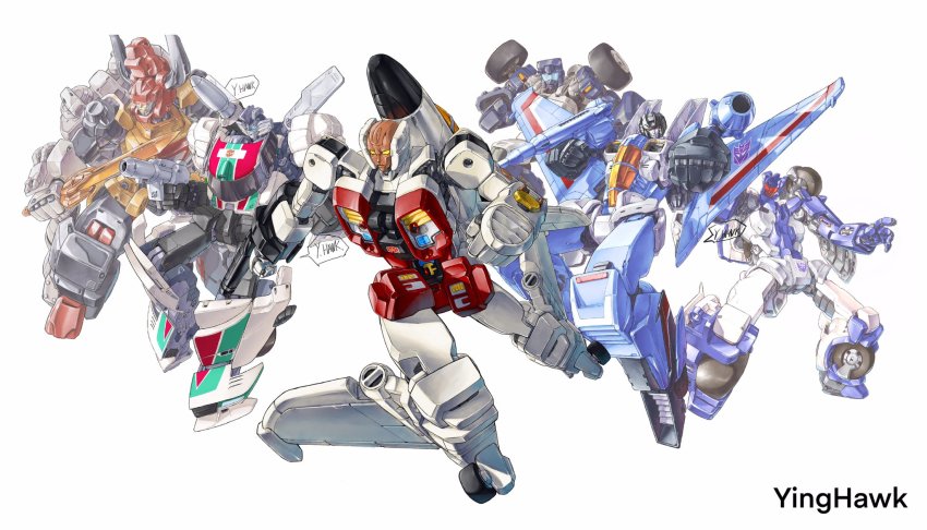 6+boys airplane_wing arm_cannon artist_name autobot beachcomber_(transformers) blue_eyes breakdown_(transformers) clenched_hands decepticon glowing glowing_eye gun highres holding holding_gun holding_weapon insignia looking_down mecha multiple_boys no_humans open_hand robot science_fiction slingshot_(transformers) tantrum_(transformers) thundercracker transformers visor weapon wheeljack white_background yellow_eyes yinghawk