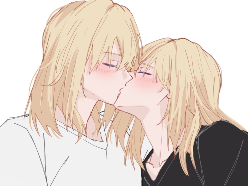 2girls amakuma bang_dream! bang_dream!_it&#039;s_mygo!!!!! black_shirt blonde_hair blush closed_eyes commentary half-siblings highres incest kiss medium_hair misumi_uika misumi_uika&#039;s_sister multiple_girls shirt siblings simple_background sisters spoilers white_background white_shirt yuri