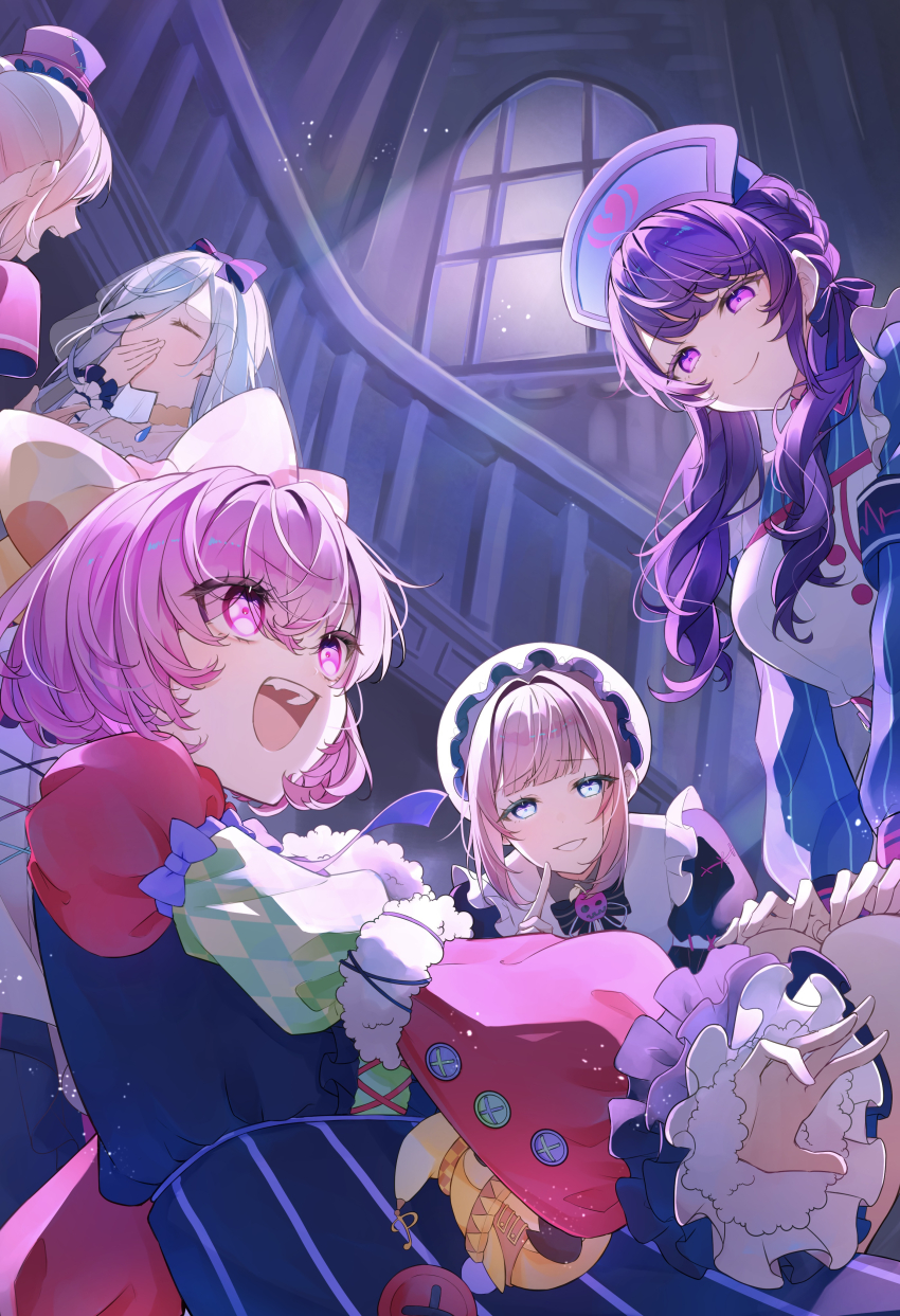 1other 4girls absurdres akiyama_mizuki alternate_costume apron asahina_mafuyu black_dress blue_dress blue_eyes blue_hair bow breasts closed_eyes commentary_request covering_own_mouth dress enmaided frilled_apron frills grin hat highres hinomori_shizuku indoors large_breasts long_hair looking_at_another looking_at_viewer looking_to_the_side maid mob_cap mochizuki_honami multiple_girls nurse_cap ootori_emu open_mouth orange_bow pink_eyes pink_hair polka_dot polka_dot_bow project_sekai purple_eyes purple_hair purple_hat short_hair sidelocks smile stairs striped_clothes striped_dress teeth upper_body upper_teeth_only vertical-striped_clothes vertical-striped_dress wanderlands_k white_apron white_hat white_wrist_cuffs window wonderhorror~!?_na_kimodameshi!_(project_sekai) wrist_cuffs
