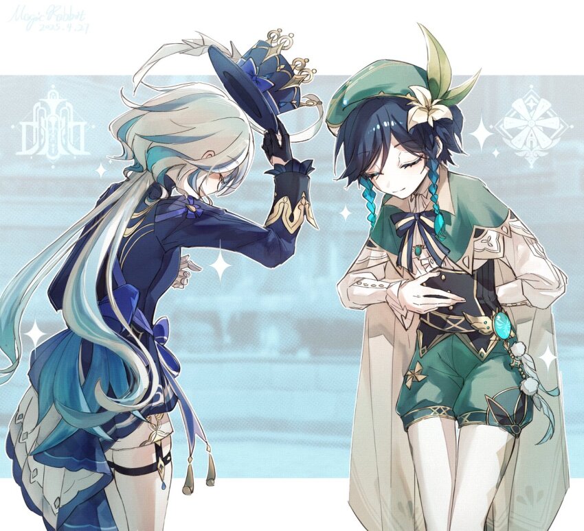1boy 1girl aqua_hair beret black_corset black_gloves black_hair blue_hair blue_hat blue_jacket braid cape capelet cecilia_flower_(genshin_impact) closed_eyes corset flower furina_(genshin_impact) genshin_impact gloves gradient_hair green_capelet green_hat green_shorts hair_flower hair_ornament hat jacket long_sleeves multicolored_hair muxi297 pantyhose shirt short_hair shorts side_braids thigh_strap top_hat twin_braids venti_(genshin_impact) vision_(genshin_impact) white_flower white_hair white_pantyhose white_shirt white_shorts