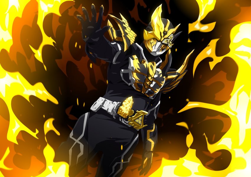 1boy armor armored_boots asymmetrical_armor bird black_armor black_bodysuit bodysuit boots brachiosaurus compound_eyes rider_belt eagle explosion gold_armor gold_teeth gorilla highres jackal juuga_driver juuga_vistamp kamen_rider kamen_rider_juuga kamen_rider_revice lion mammoth non_porn open_hand otokamu praying_mantis pterosaur pun rider_belt sharp_teeth shoulder_armor teeth tyrannosaurus_rex vistamp