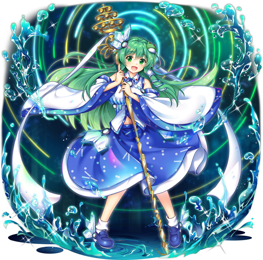1girl :d adapted_costume bell blue_shoes blue_skirt crystal_hair_ornament detached_sleeves frog_hair_ornament full_body game_cg green_eyes green_hair hair_ornament hair_tubes highres holding holding_staff kochiya_sanae kochiya_sanae_(hand_in_hand_with_a_miracle) long_hair looking_at_viewer official_art open_mouth rotte_(1109) shakujou shoes single_hair_tube skirt smile snake_hair_ornament socks solo staff third-party_source touhou touhou_lostword transparent_background very_long_hair white_socks wide_sleeves