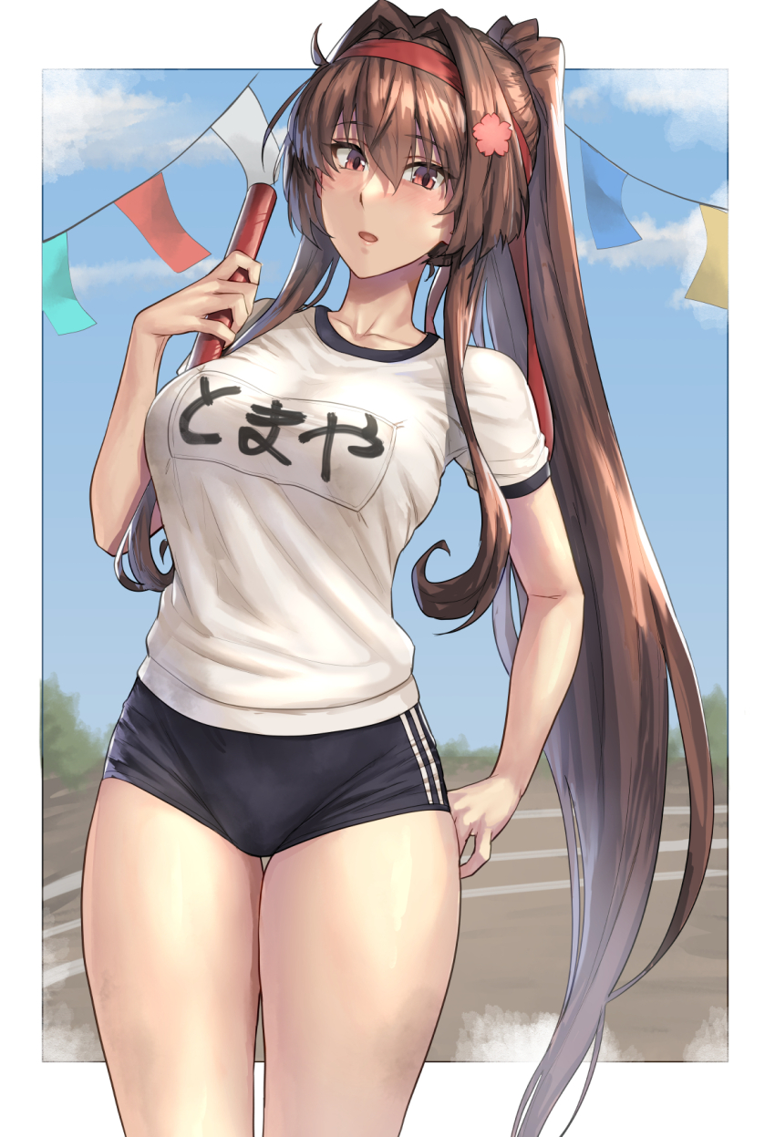 1girl alternate_costume black_buruma breasts brown_hair buruma cowboy_shot flower gym_shirt gym_uniform hair_flower hair_ornament highres kantai_collection kokuzou large_breasts long_hair looking_at_viewer open_mouth relay_baton shirt short_sleeves smile solo sports_festival white_shirt yamato_(kancolle)
