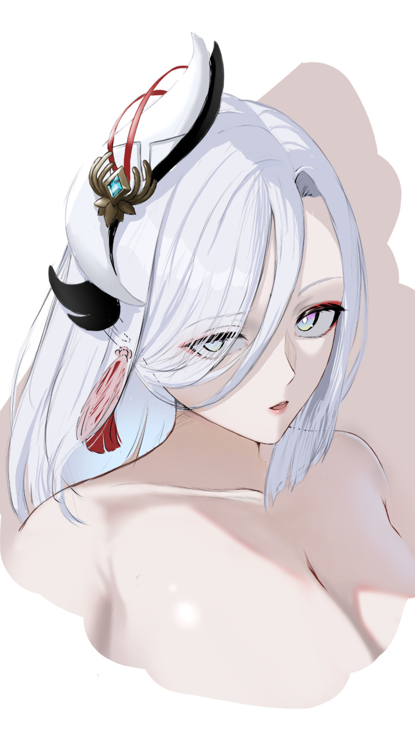 1girl absurdres armpits arms_at_sides artist_request asymmetrical_bangs braid braided_ponytail breasts casual_nudity collarbone earrings expressionless eyelashes female_focus gem_hair_ornament genshin_impact grey_eyes hair_ornament hair_over_one_eye highres jewelry large_breasts lips long_hair looking_at_viewer looking_to_the_side low-braided_long_hair low-tied_long_hair mihoyo neck no_bra nude out-of-frame_censoring parted_lips shenhe_(genshin_impact) sidelocks simple_background standing swept_bangs tassel tassel_earrings topless_female topless_frame unworn_clothes upper_body very_long_hair white_background white_hair