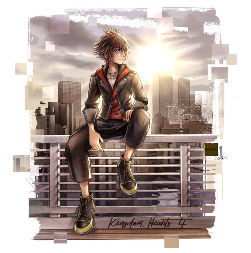 1boy artist_name black_jacket black_pants black_shoes blue_eyes brown_hair building closed_mouth cloud commentary copyright_name english_commentary highres hollypolllyy hood hood_down hoodie jacket kingdom_hearts kingdom_hearts_iv long_sleeves male_focus nomura_tetsuya_(style) official_alternate_costume open_clothes open_jacket pants pointy_hair red_hoodie shirt shoes short_hair sitting solo sora_(kingdom_hearts) sun sunlight white_shirt