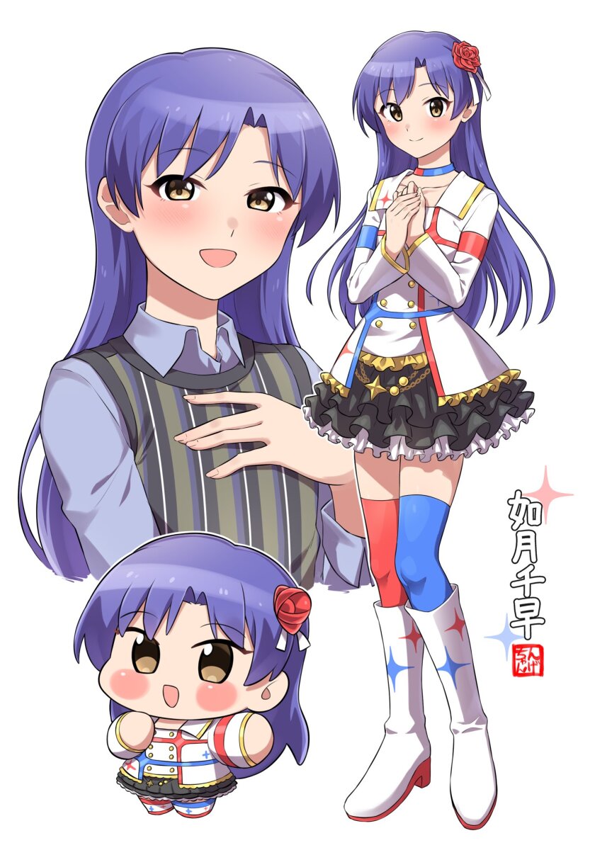 1girl asymmetrical_legwear black_skirt blue_choker blue_hair blue_shirt blue_thighhighs blush boots brown_eyes character_name chibi choker closed_mouth collarbone collared_shirt cropped_torso flower frilled_skirt frills full_body hair_flower hair_ornament hand_up hands_on_own_chest highres idolmaster idolmaster_(classic) idolmaster_million_live! idolmaster_million_live!_theater_days idolmaster_movie kisaragi_chihaya long_hair long_sleeves looking_at_viewer mismatched_legwear mismatched_thighhighs multiple_views ngetyan open_mouth print_boots print_shirt red_choker red_flower red_rose red_thighhighs rose shirt simple_background skirt smile sparkle_print standing starpiece_memories_(idolmaster) striped_sweater_vest thighhighs two-tone_choker white_background white_boots white_shirt