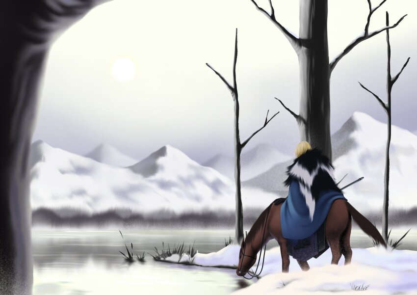 bare_tree black_fur blonde_hair blue_cape cape commentary dimitri_alexandre_blaiddyd dimitri_alexandre_blaiddyd_(timeskip) english_commentary fire_emblem fire_emblem:_three_houses from_behind grey_sky highres horse horseback_riding male_focus mountain mountainous_horizon nintendo outdoors reins riding sky snow solo tree viraneville water white_fur winter