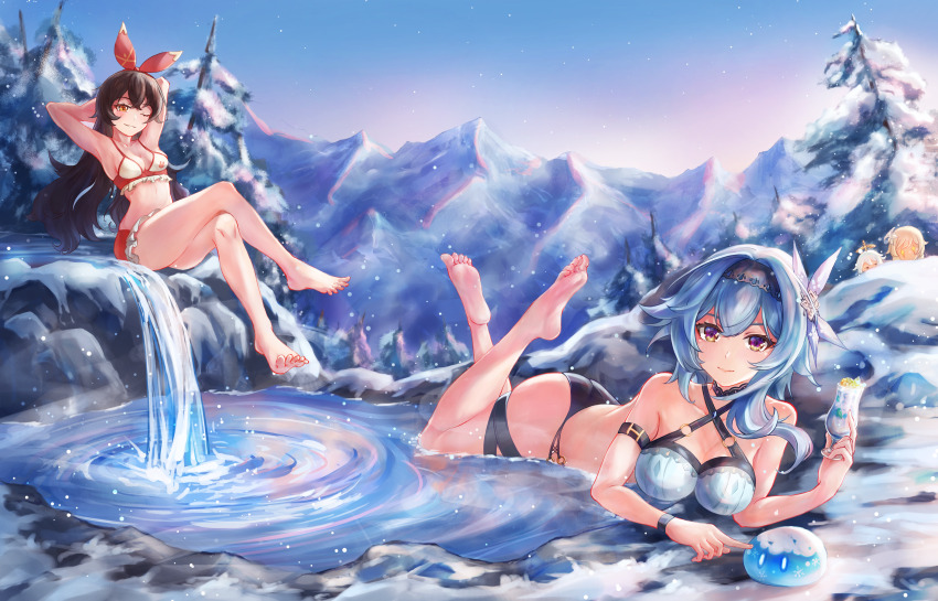 4girls absurdres amber_(genshin_impact) armpits arms_behind_head ass bare_legs bare_shoulders barefoot bikini black_bikini blonde_hair blue_bikini blue_hair breasts brown_hair criss-cross_halter crossed_legs cup eula_(genshin_impact) genshin_impact halterneck henjiwumei highres holding holding_cup large_breasts long_hair lumine_(genshin_impact) lying mountainous_horizon multicolored_bikini multiple_girls on_stomach paimon_(genshin_impact) peeking red_bikini short_hair sitting slime_(creature) small_breasts snow snow_on_tree star-shaped_pupils star_(symbol) stomach swimsuit symbol-shaped_pupils two-tone_bikini water white_bikini white_hair yellow_eyes