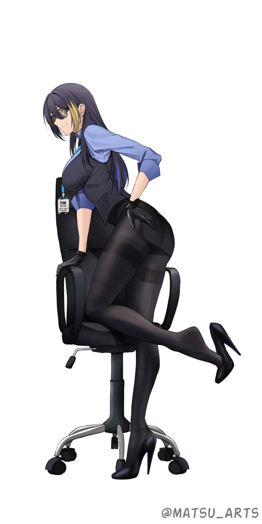 absurdres alina_svard_kovalenko_(laotianaviator) black_pantyhose black_skirt black_vest blue_eyes blue_shirt chair commission hand_on_own_ass heel_pop high_heels highres looking_at_viewer matsu_arts miniskirt multicolored_hair office_chair office_lady on_chair original pantyhose pencil_skirt pinstripe_pattern pinstripe_vest purple_hair shirt simple_background skirt smile soles streaked_hair swivel_chair vest white_background