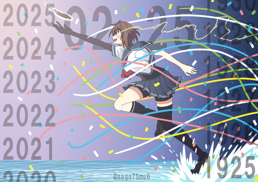 1girl absurdres black_bodysuit black_thighhighs blue_sailor_collar blue_skirt bodysuit brown_eyes brown_hair dated elbow_gloves feathers full_body furutaka_(kancolle) furutaka_kai_ni_(kancolle) gloves heterochromia highres kantai_collection nagomu_(nago75mu6) neckerchief pleated_skirt reaching red_neckerchief running sailor_collar sailor_shirt school_uniform serafuku shirt short_hair single_elbow_glove skirt solo splashing thighhighs twitter_username water white_shirt