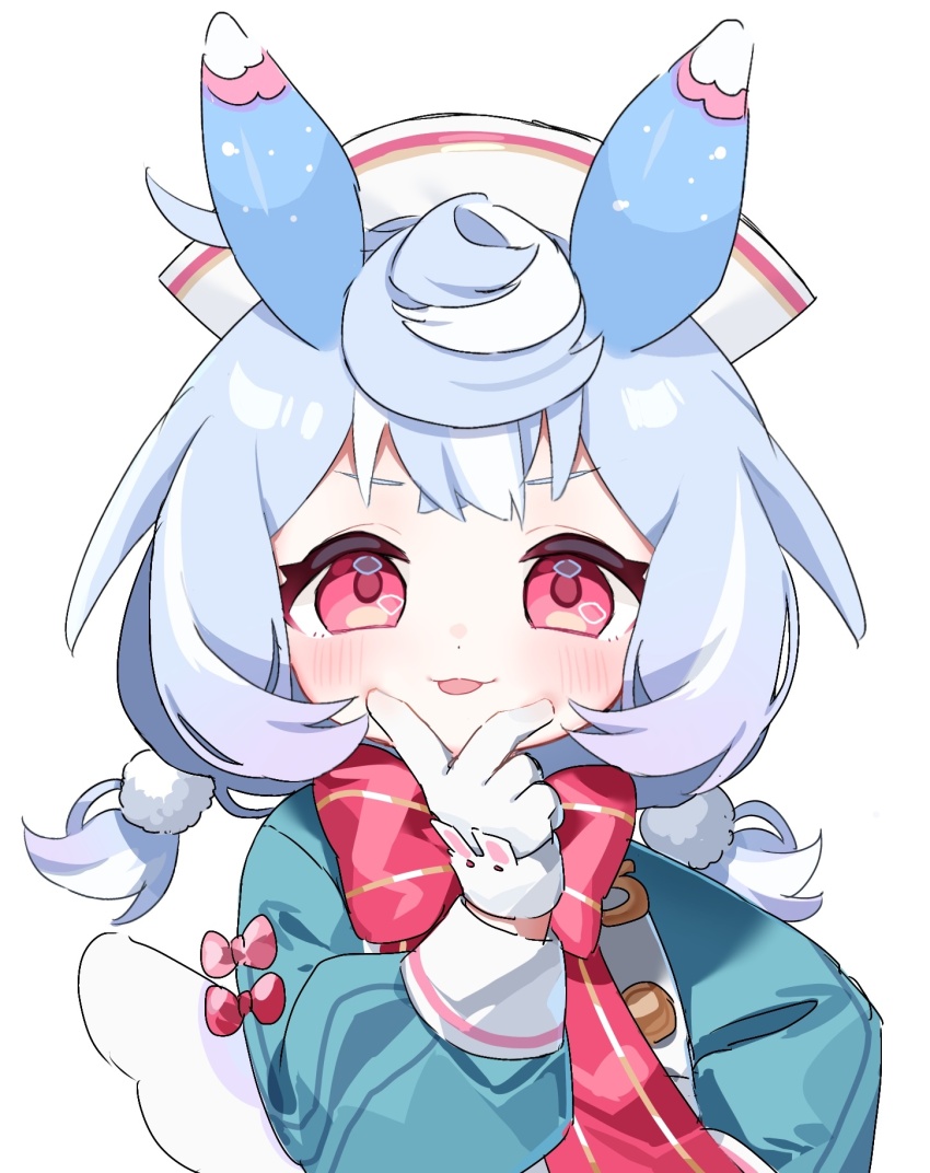 1girl :3 :p animal_ears aqua_shirt blue_hair blush bow bowtie buttons closed_mouth commentary_request crossed_bangs genshin_impact gradient_hair hair_between_eyes hair_ornament hand_on_own_chin hand_up hat highres long_sleeves looking_at_viewer low_twintails meda_cha medium_hair multicolored_hair nurse_cap pink_bow pom_pom_(clothes) pom_pom_hair_ornament puffy_long_sleeves puffy_sleeves purple_hair red_bow red_bowtie red_eyes shirt short_eyebrows sidelocks sigewinne_(genshin_impact) simple_background smile solo tongue tongue_out twintails upper_body v-shaped_eyebrows white_background white_hat