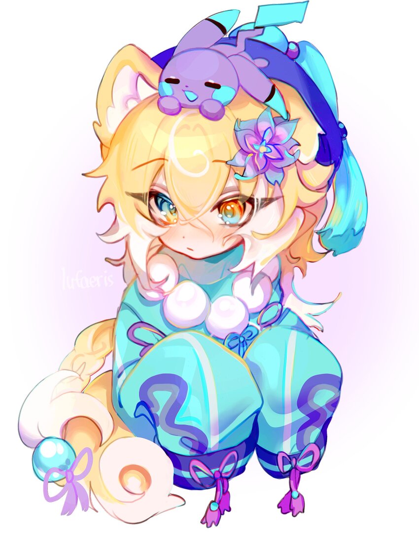 1girl 1other absurdres animal_ear_fluff animal_ears blonde_hair blush braid closed_mouth cloud_(lufaeris) crossed_bangs dot_nose eyelashes flower hair_between_eyes hair_flower hair_ornament hat heterochromia highres jewelry long_hair long_sleeves necklace original sidelocks simple_background sleeves_past_fingers sleeves_past_wrists tail tassel upper_body white_background