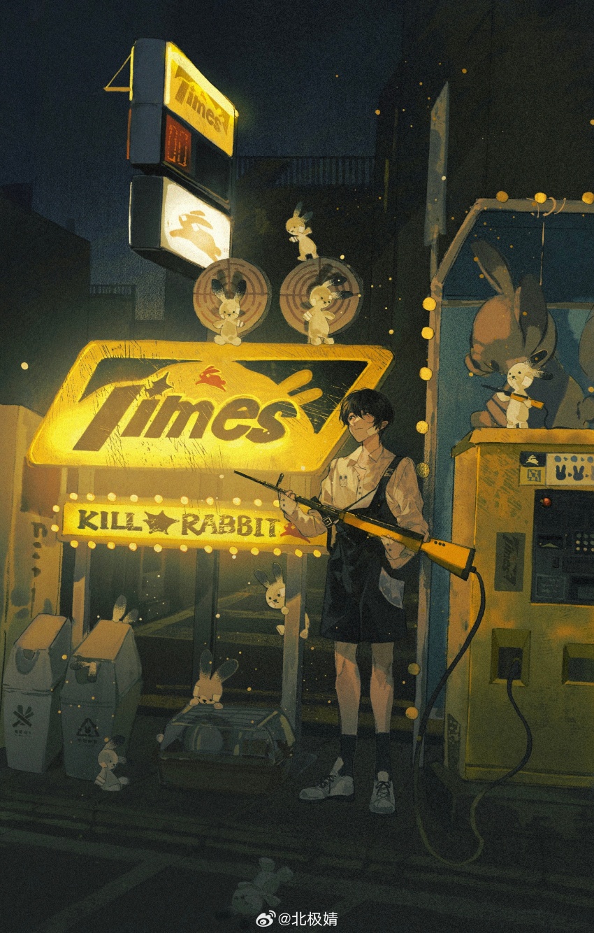 1boy absurdres ankle_socks arcade arcade_cabinet bandaid bandaid_on_cheek bandaid_on_face black_eyes black_hair black_overalls black_socks buckle chinese_commentary closed_mouth collared_shirt commentary_request crane_game dark expressionless full_body gun hair_between_eyes highres holding holding_gun holding_weapon indoors knees light_particles long_sleeves looking_ahead male_focus mengxiaheqing original overalls rabbit shirt shoes short_hair shotgun sign single_strap sneakers socks solo trash_can watermark weapon weibo_watermark white_shirt white_shoes