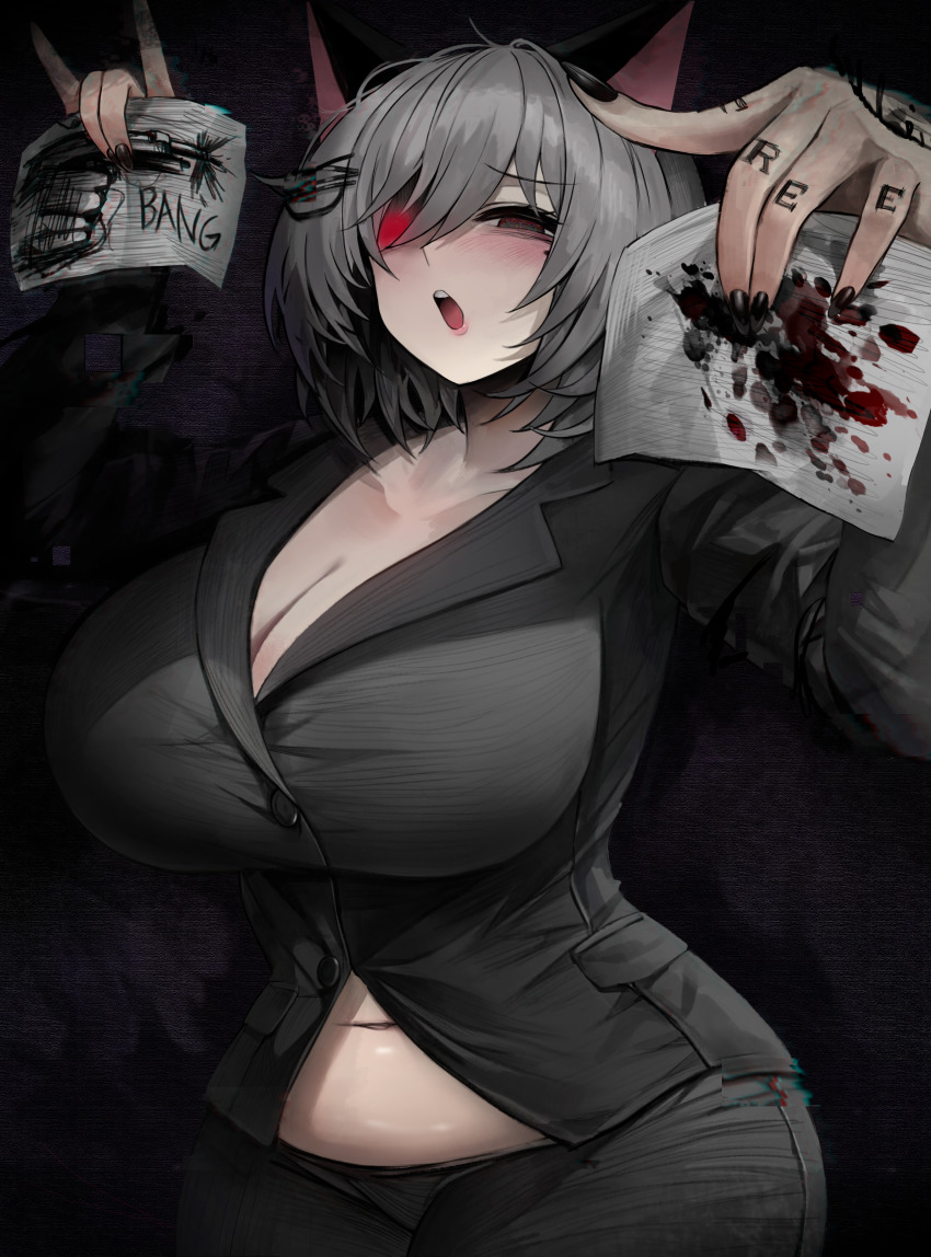 1girl absurdres animal_ears black_nails black_shirt blush breasts cat_ears cleavage collarbone collared_shirt cowboy_shot crazy curvy glowing glowing_eye grey_hair hair_over_one_eye havoc-chan highres huge_breasts looking_at_viewer medium_hair midriff_peek nail_polish navel open_mouth original partially_unbuttoned plump purple_eyes shirt solo suou-sensei tattoo yandere